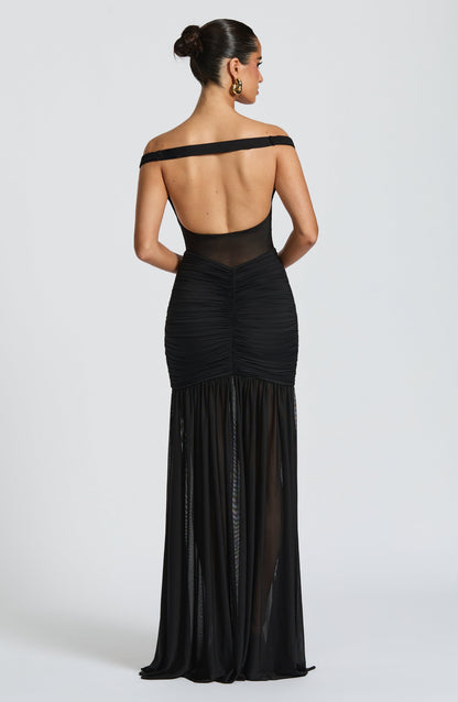 Sylarine – Bardot dress with sheer details and a slit
