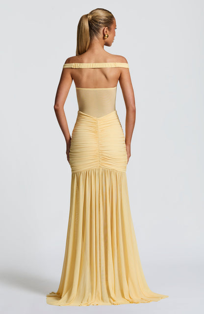 Sylarine – Bardot dress with sheer details and a slit