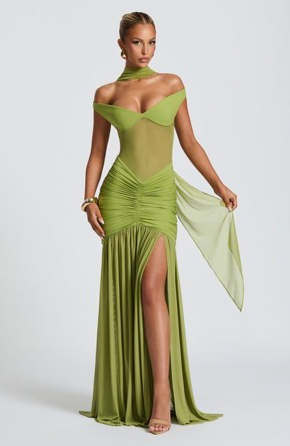 Sylarine – Bardot dress with sheer details and a slit