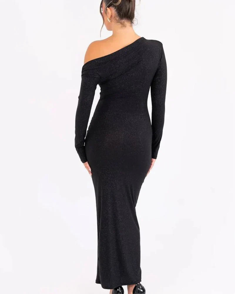 Celyra – Maxi Glitter Dress with V-Neck and Luxe Flair